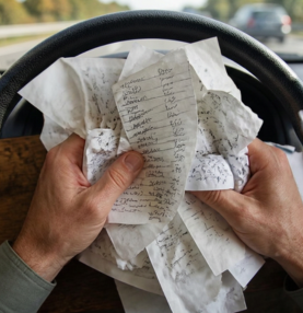Driver holding crumpled receipts