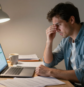 Stressed office worker reviewing invoices